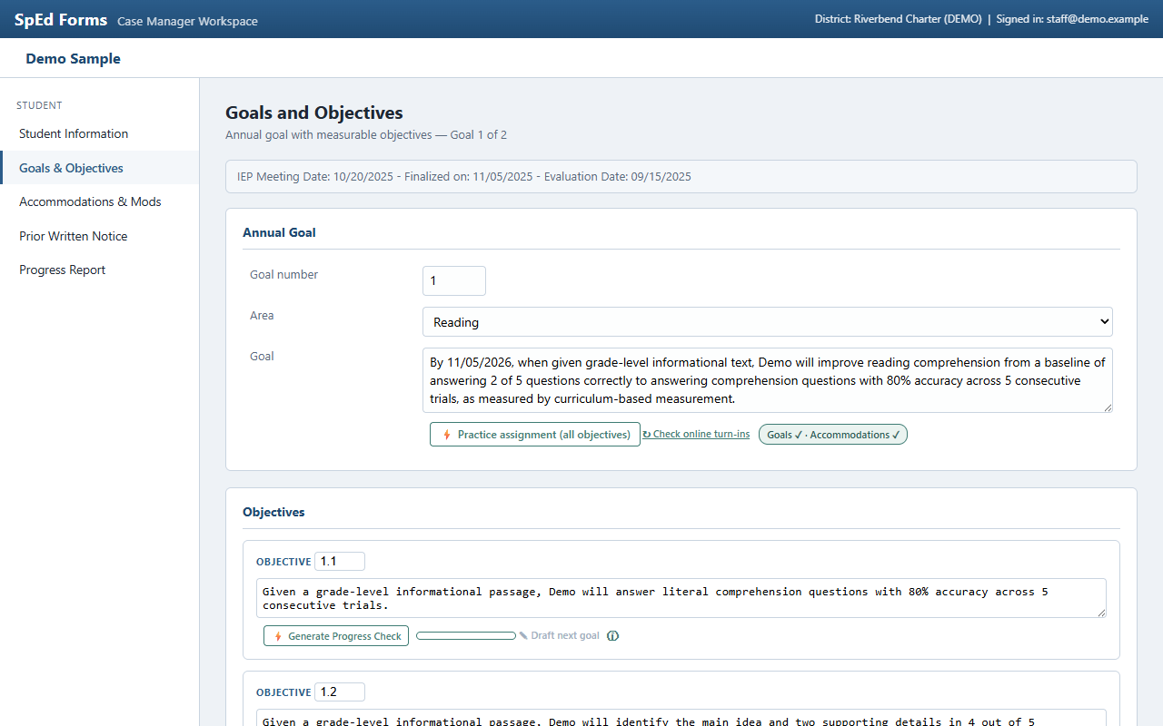 SpedZen's Generate Progress Check buttons and progress bars appearing inline on a SpEd Forms goals page