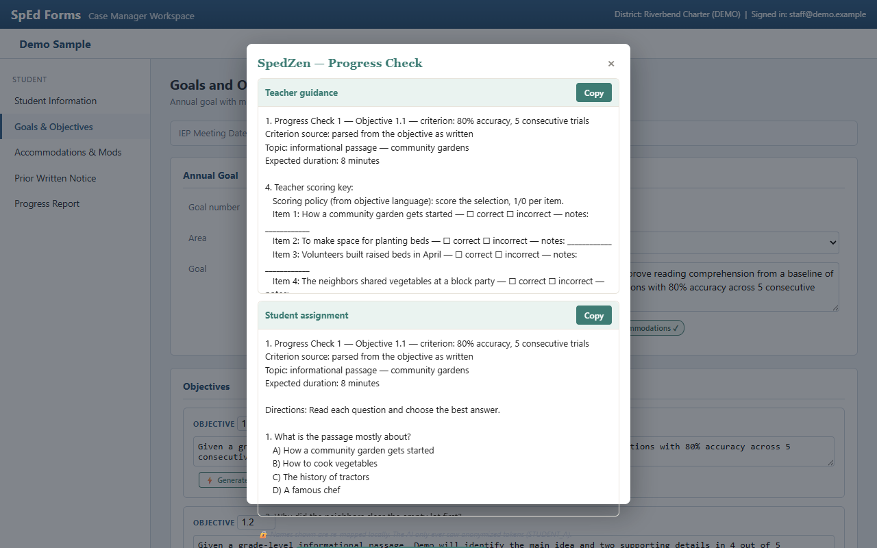 A generated SpedZen Progress Check shown inline, with teacher guidance and a student page